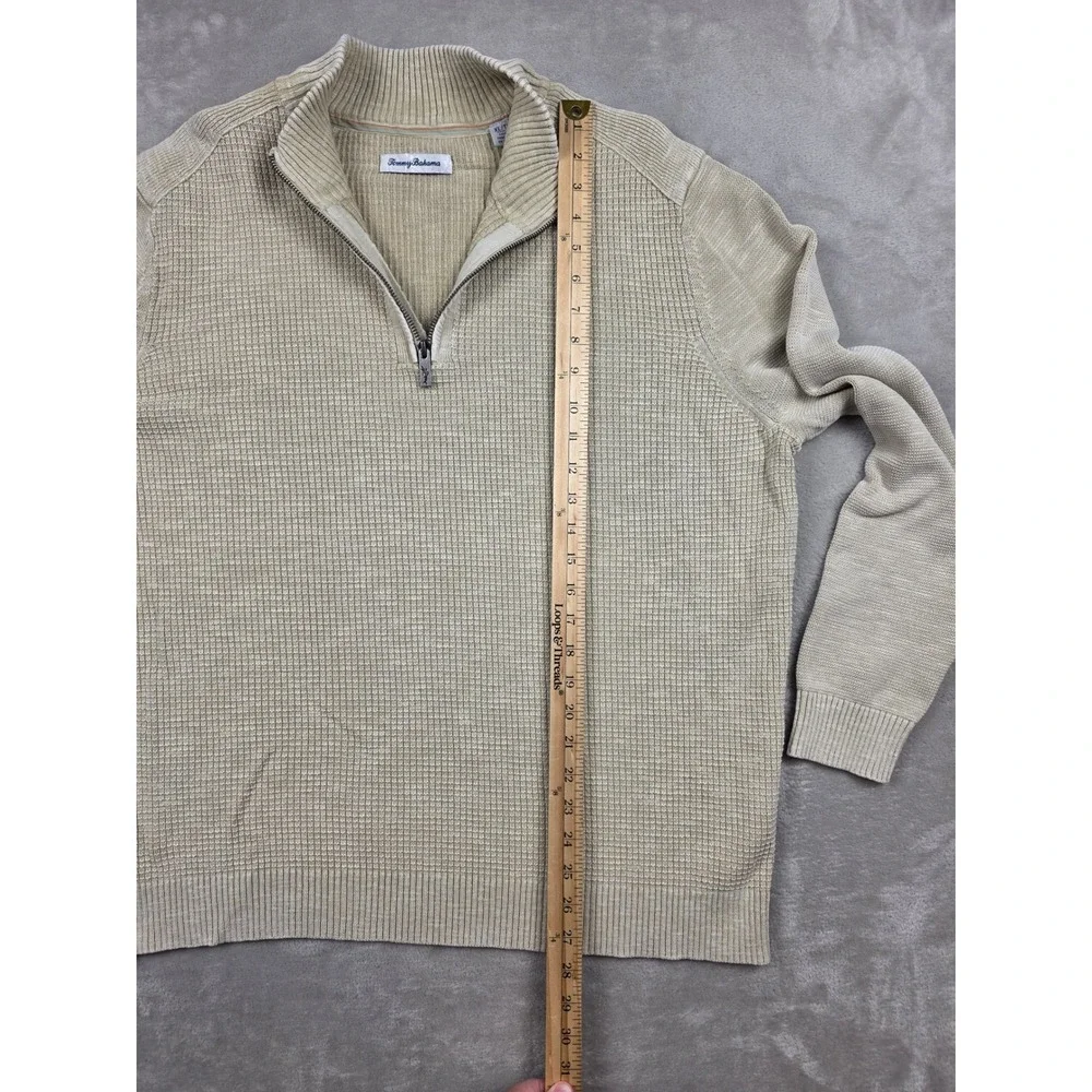 Tommy Bahama Sweater Mens XL Beige Quarter Zip Waffle Knit Cotton Pullover